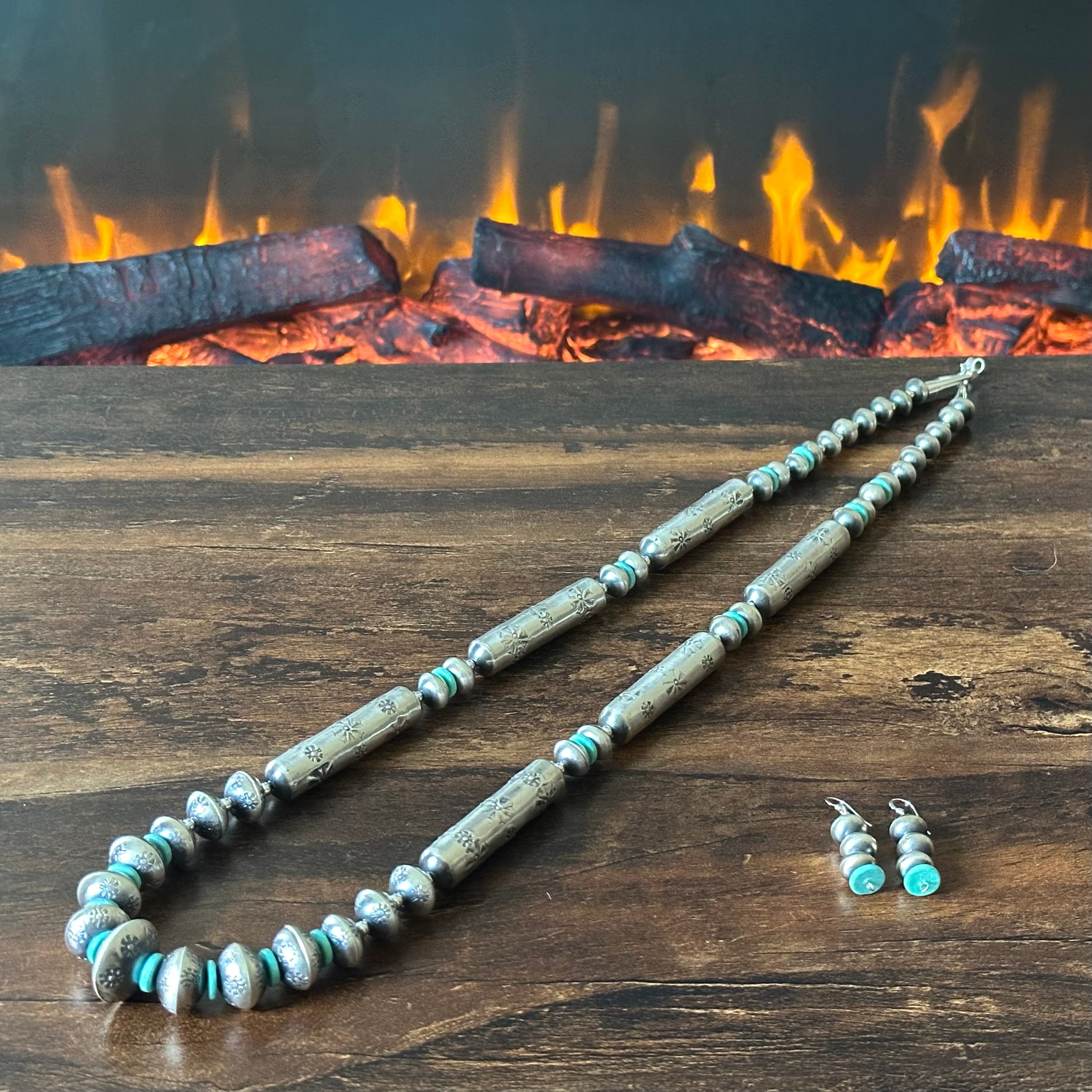Navajo Tysha Aparicio Turquoise Sterling Handmade Floral Cylinder Bead Stamped Necklace Earrings Set
