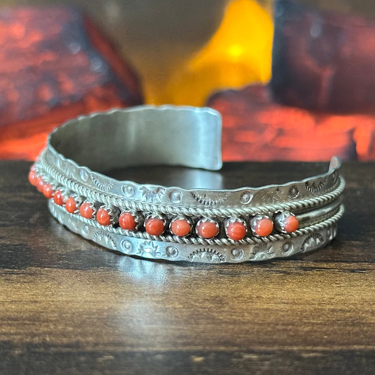 Zuni Jason & Pearl Ukestine Red Coral 21 Stone Sterling Hand Stamped Snake Eye Stacker Cuff