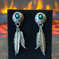 Vintage Turquoise Sterling Shadowbox Hand Stamped Feather Dangle Stud Earrings