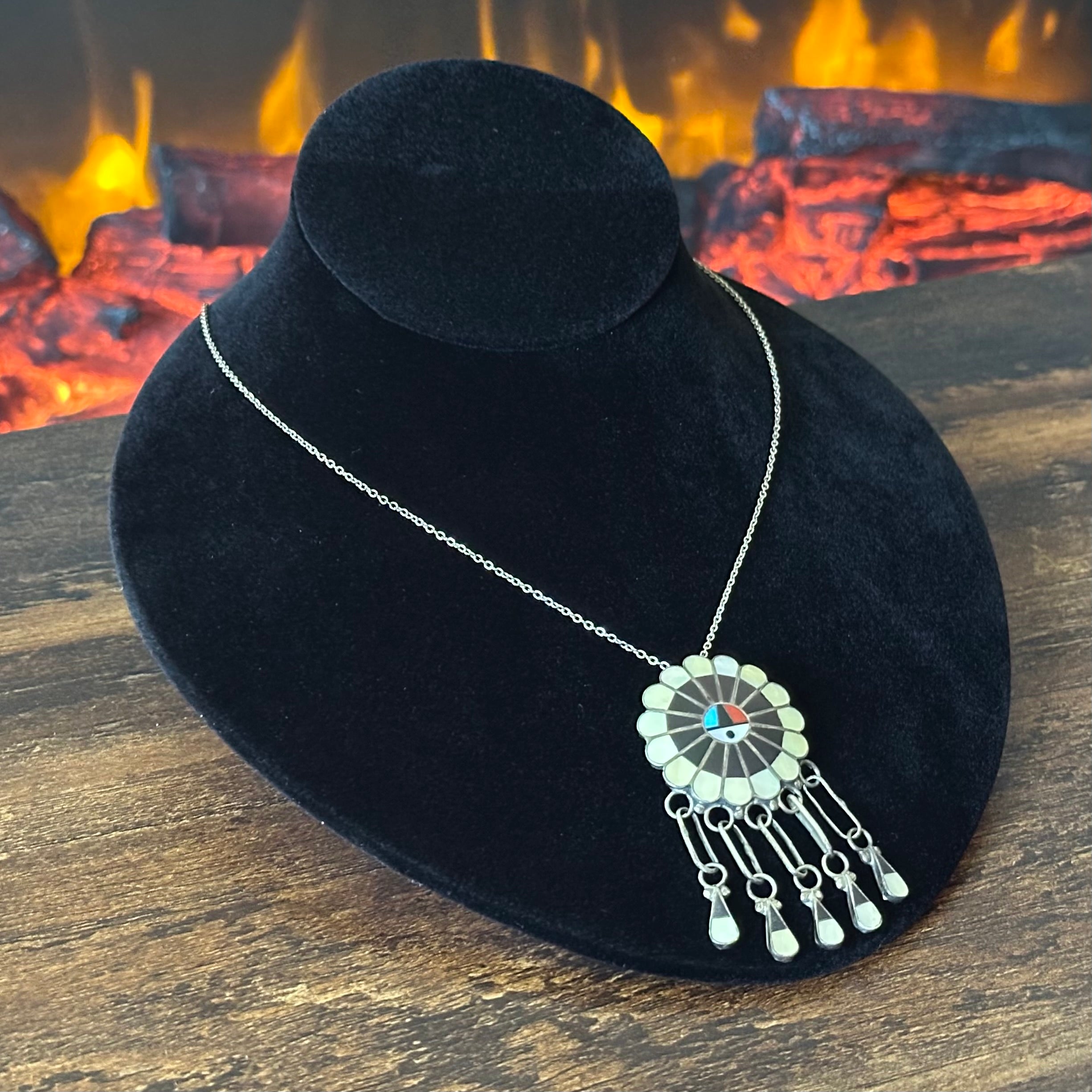 Turquoise Red Coral Jet MOP Sterling Sunface Inlay Tassel Pendant Necklace