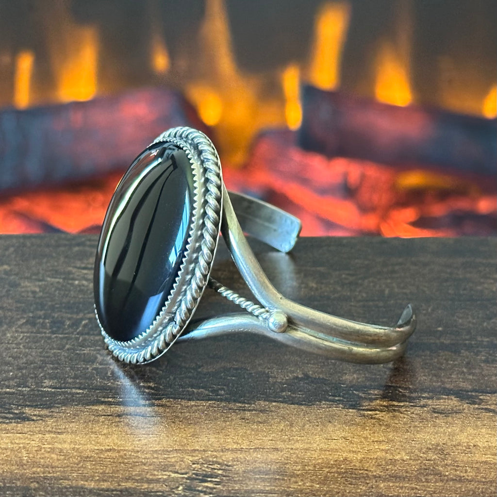 Navajo Pat Yazzie Onyx Sterling Twist Wire Bezel Statement Cuff