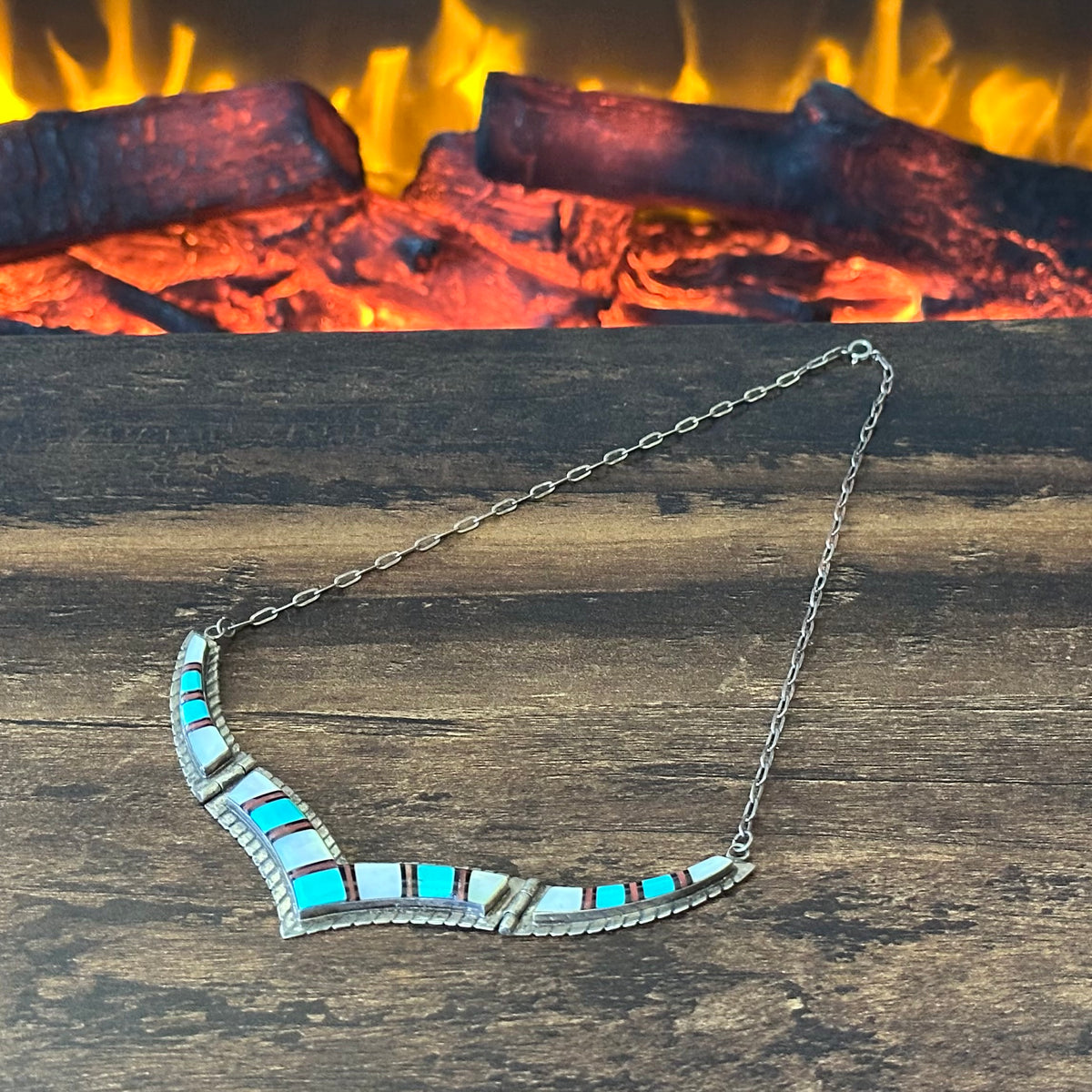 Vintage R Signed Turquoise Mother of Pearl Red Coral Sterling Hinged Inlay Necklace