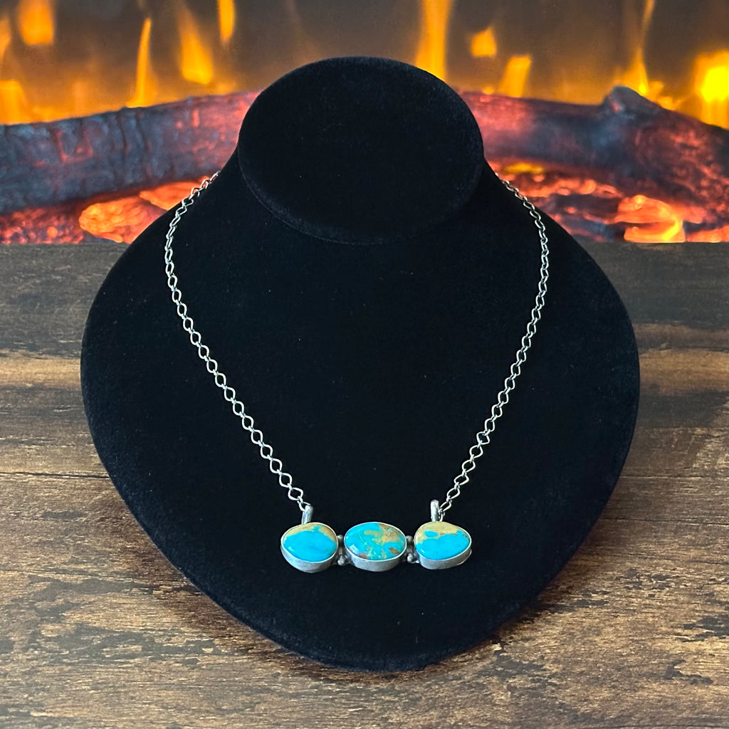 Navajo Robert Martinez Kingman Turquoise 3 Stone Sterling Bar Necklace