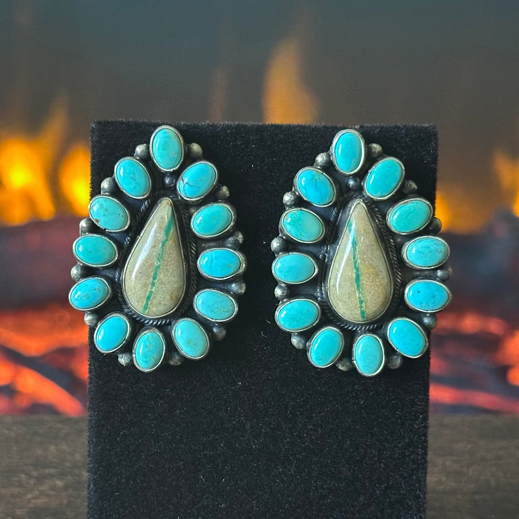 Navajo Sheila Tso Royston Ribbon Turquoise 133 Stone Cluster Lariat Necklace Earrings Set