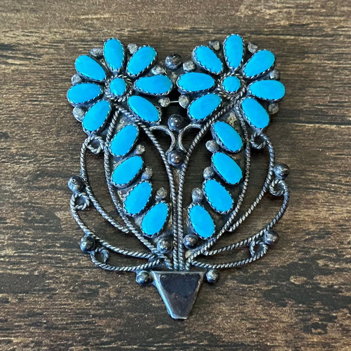 Navajo Larry Moses Begay Turquoise 24 Stone Sterling Petite Point Flowerpot Twist Wire Brooch