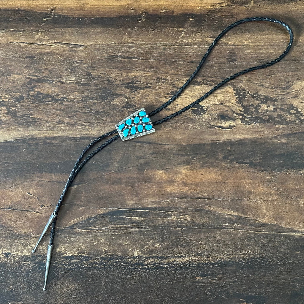 Navajo Dorothy Secatero Turquoise Sterling 9 Stone Cluster Hand Stamped Bolo Tie