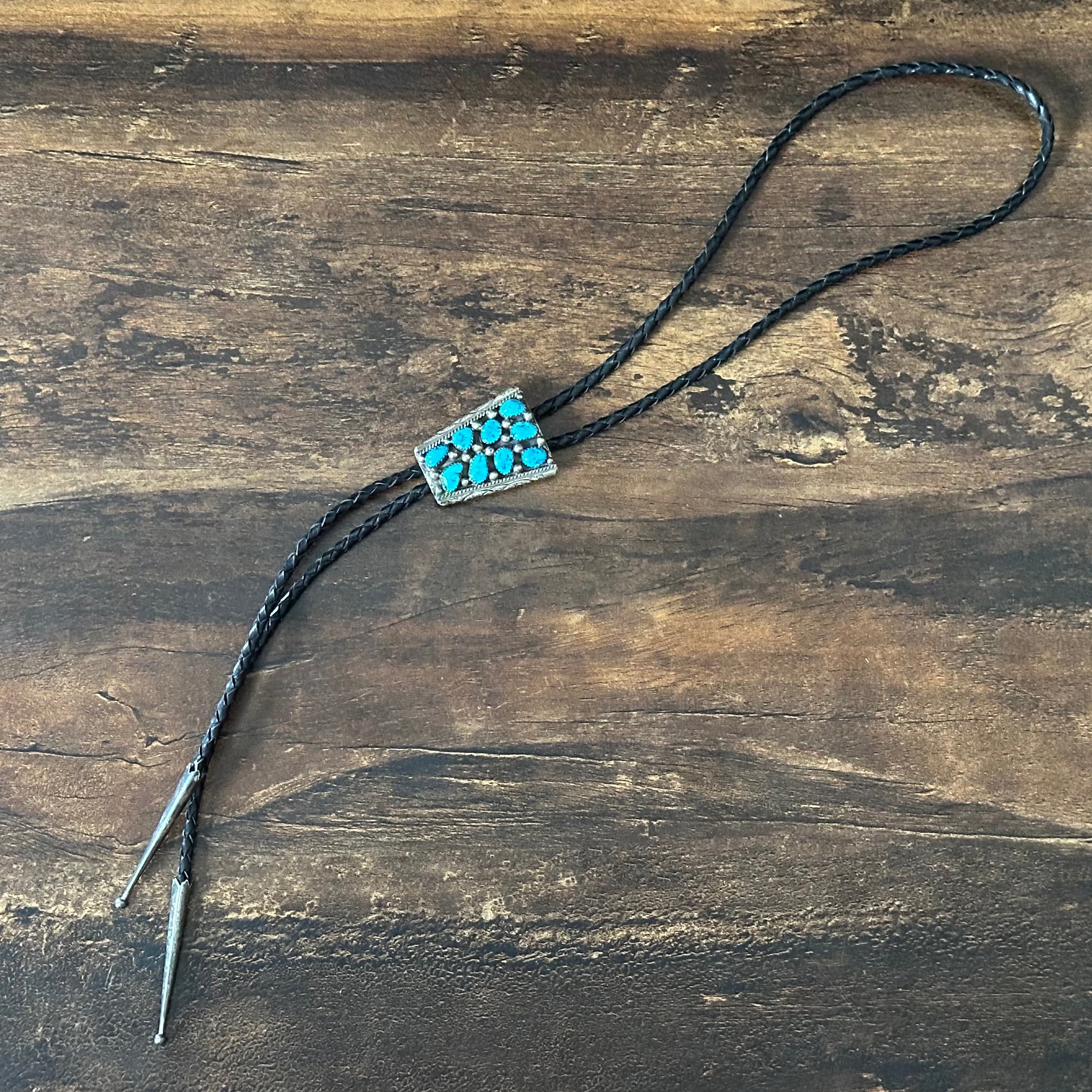 Navajo Dorothy Secatero Turquoise Sterling 9 Stone Cluster Hand Stamped Bolo Tie
