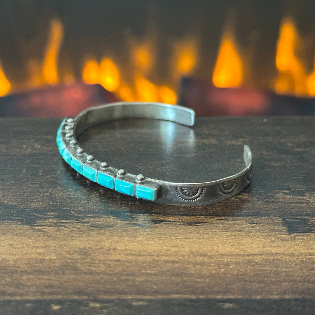 Zuni Ernest & Vivnita Bewanika Turquoise 10 Stone Sterling Hand Stamped Stacker Cuff