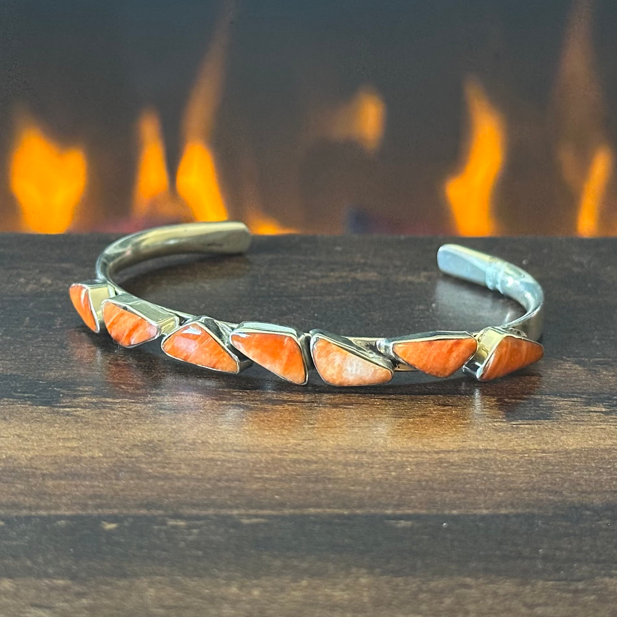 Navajo Sadie Jim Orange Spiny Oyster 7 Stone Sterling Triangle Stacker Cuff