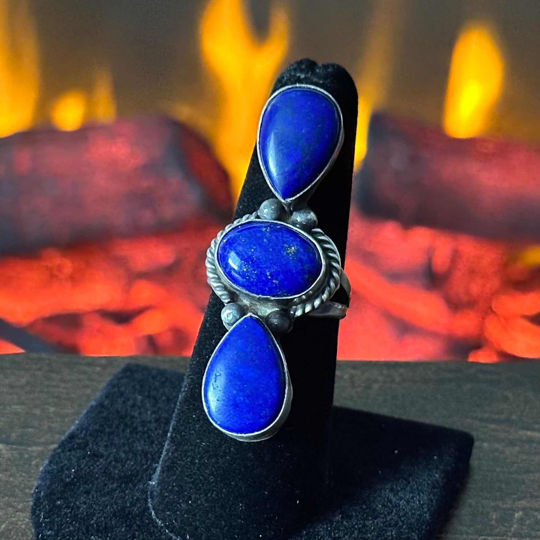 Navajo Anissa Martinez Lapis 3 Stone Sterling Raindrop Ring