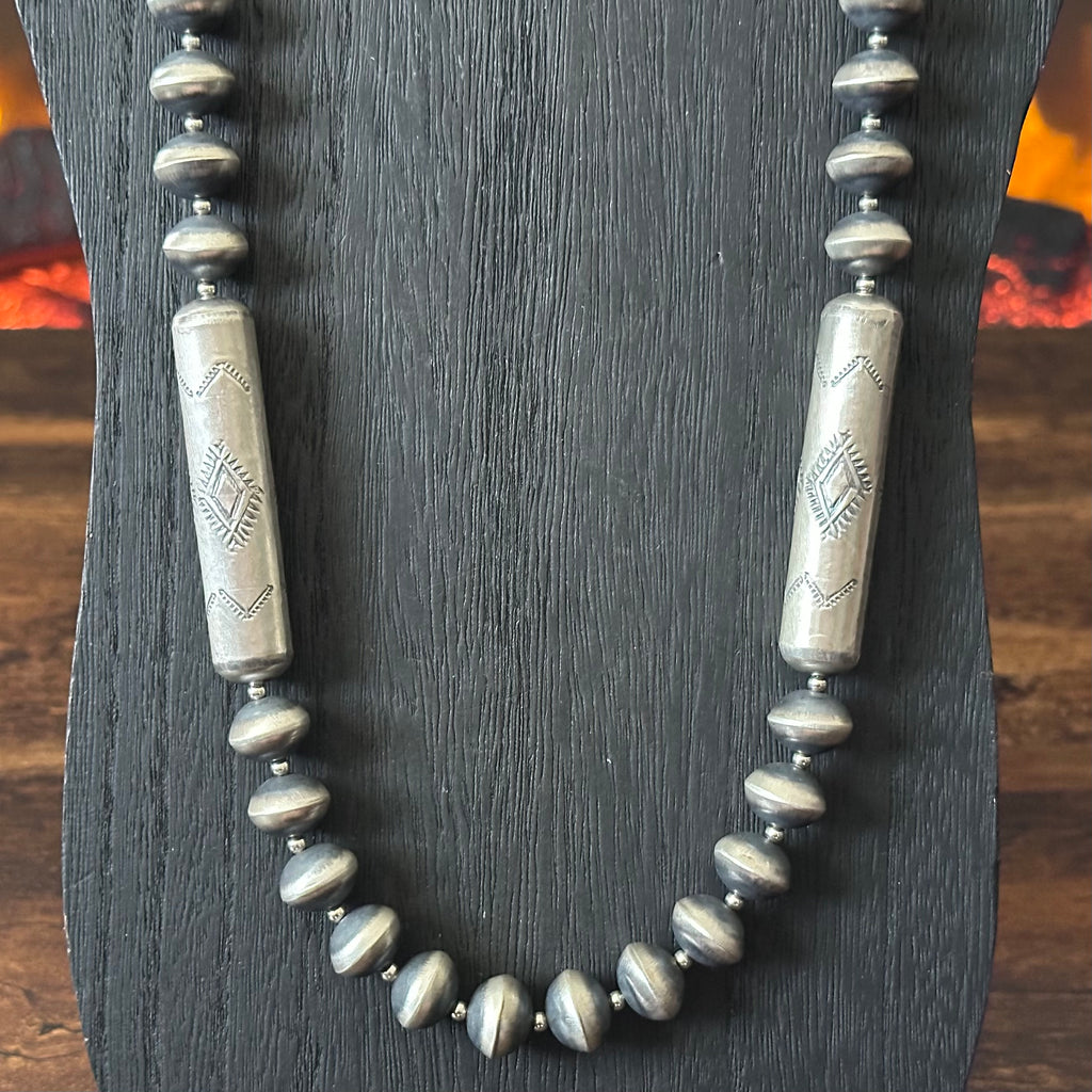 Navajo Sharon Cooley Sterling Handmade Stamped Cylinder Bead Necklace Earrings Set