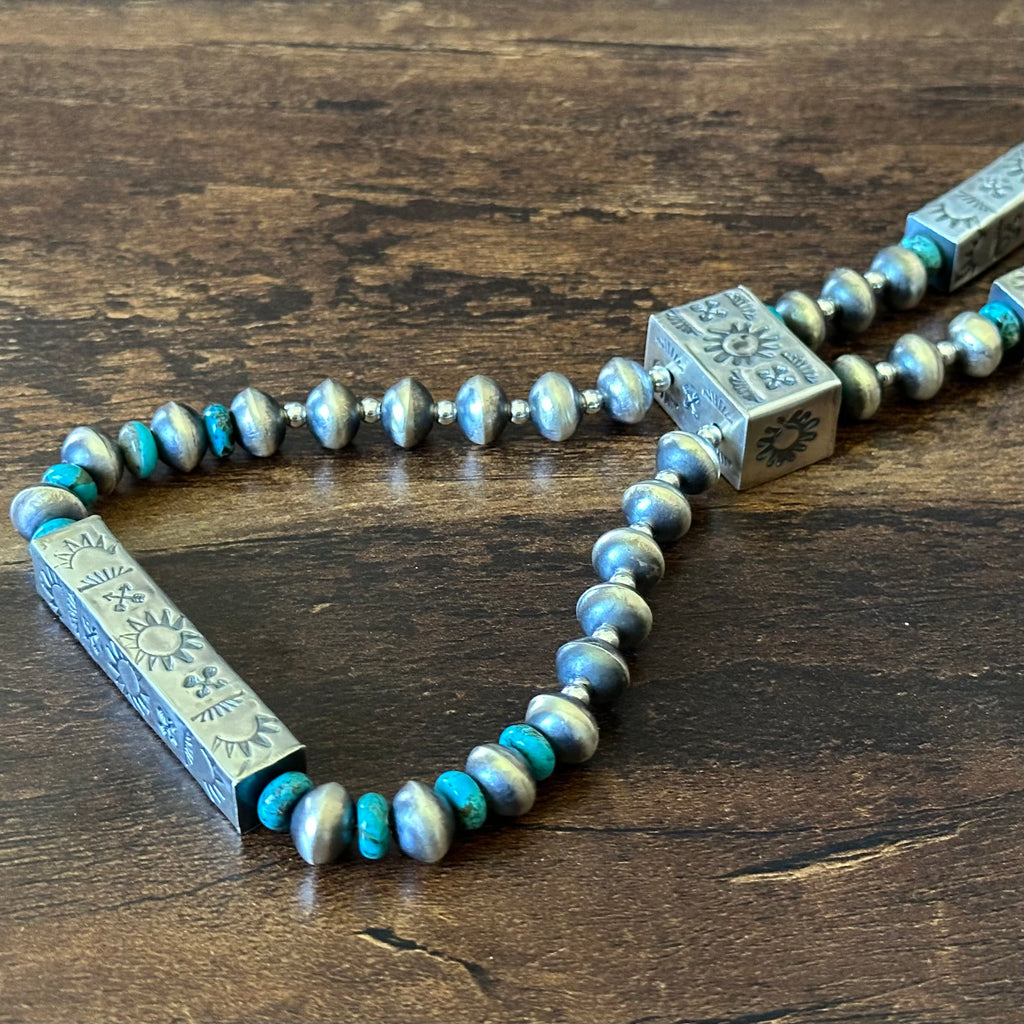 Navajo Tysha Aparicio Turquoise Sterling Handmade Rectangular Bead Stamped Necklace Earrings Set