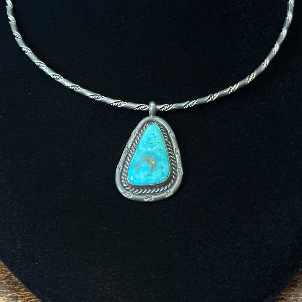 Turquoise Sterling Hand Stamped Twist Wire Pendant Choker