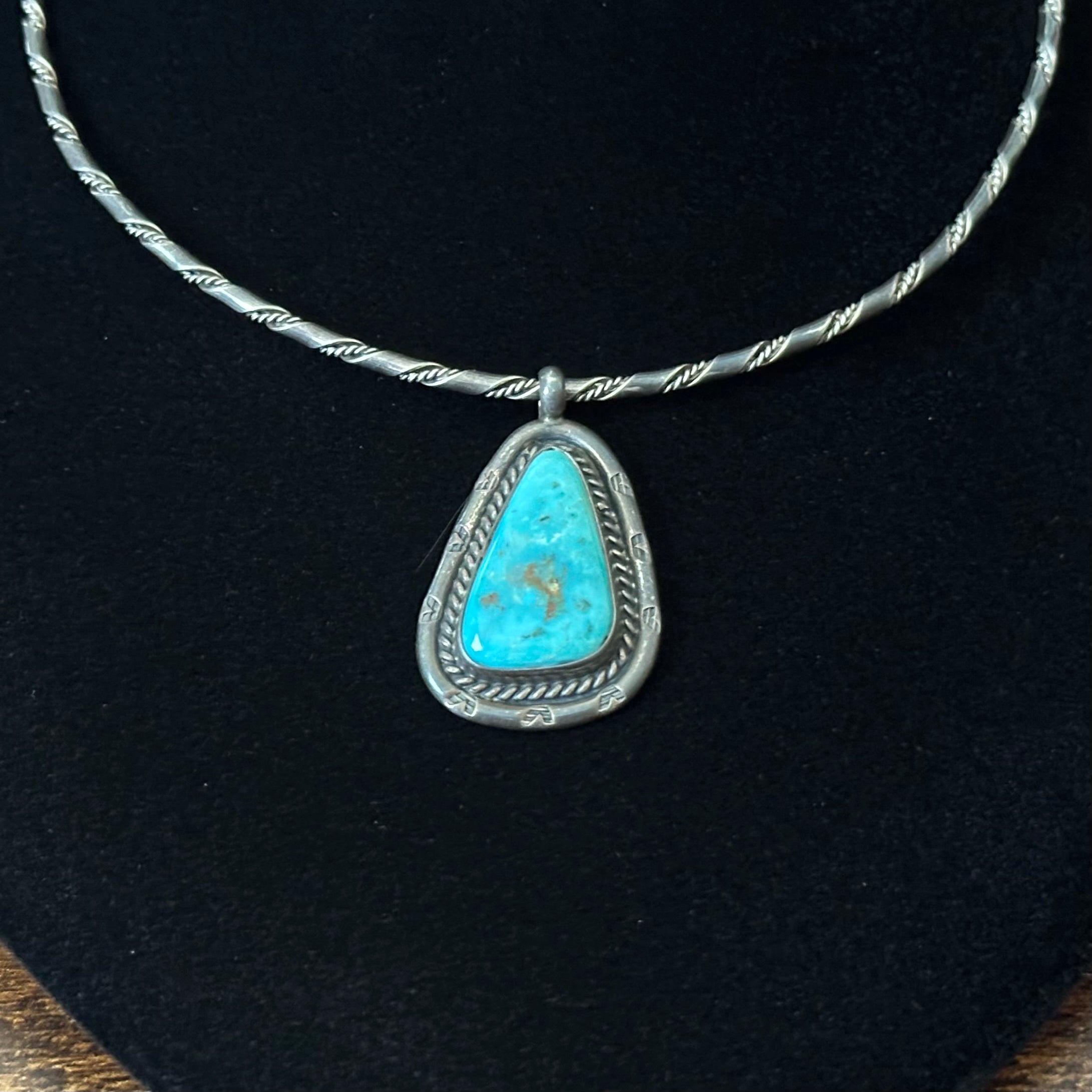 Turquoise Sterling Hand Stamped Twist Wire Pendant Choker