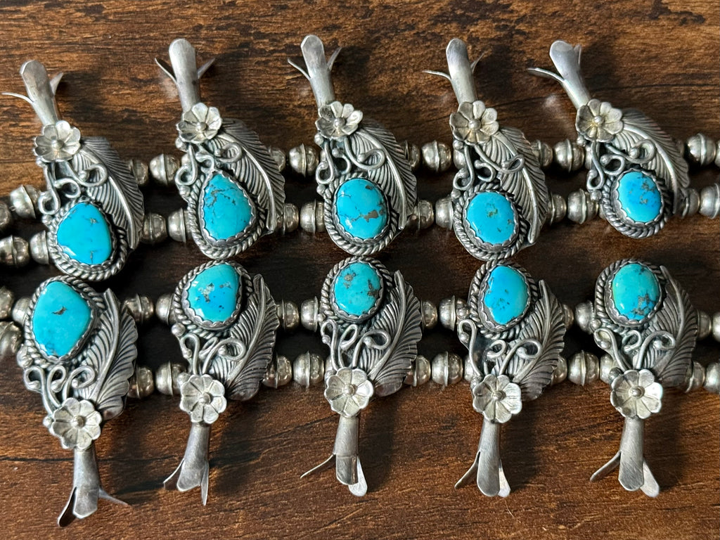 Vintage Turquoise 17 Stone Sterling Floral Ornate Squash Blossom