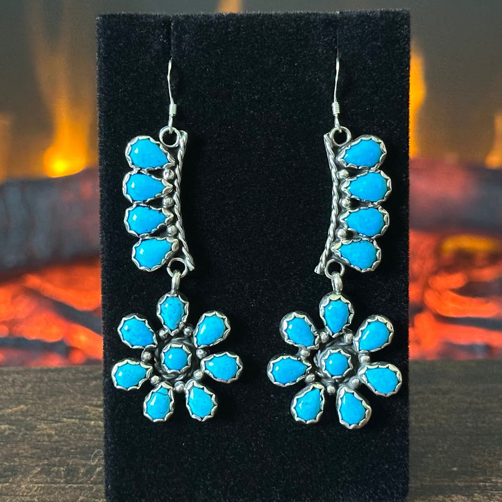 Running Bear Trading Turquoise 24 Stone Sterling Petite Point Floral Dangle Earrings