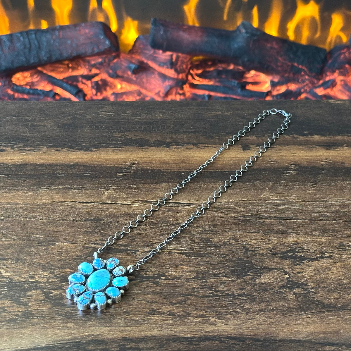 Navajo Anna Spencer Golden Hills Turquoise 11 Stone Cluster Raindrop Pendant Necklace