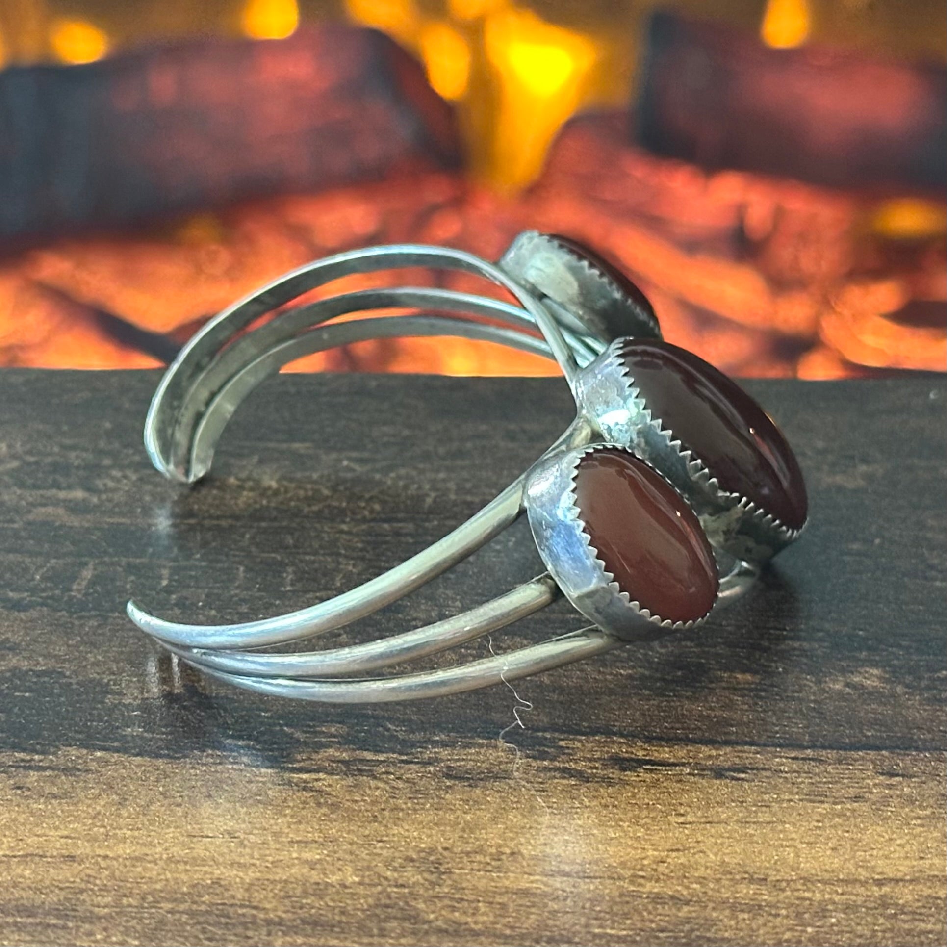 BR Electropen Signed Carnelian 3 Stone Sterling Triple Shank Cuff