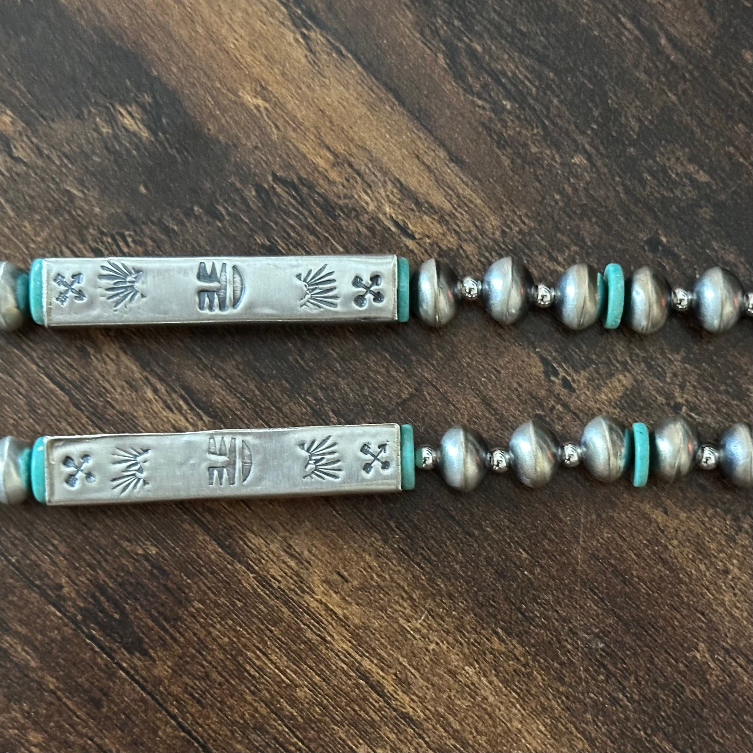 Navajo Tysha Aparicio Turquoise Sterling Handmade Rectangular Bead Stamped Necklace Earrings Set