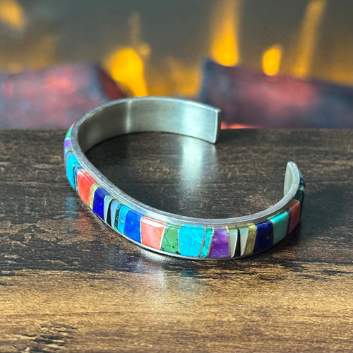 AL Signed Turquoise Lapis Spiny Oyster Sugilite Jasper Opal Sterling Wraparound Inlay Cuff
