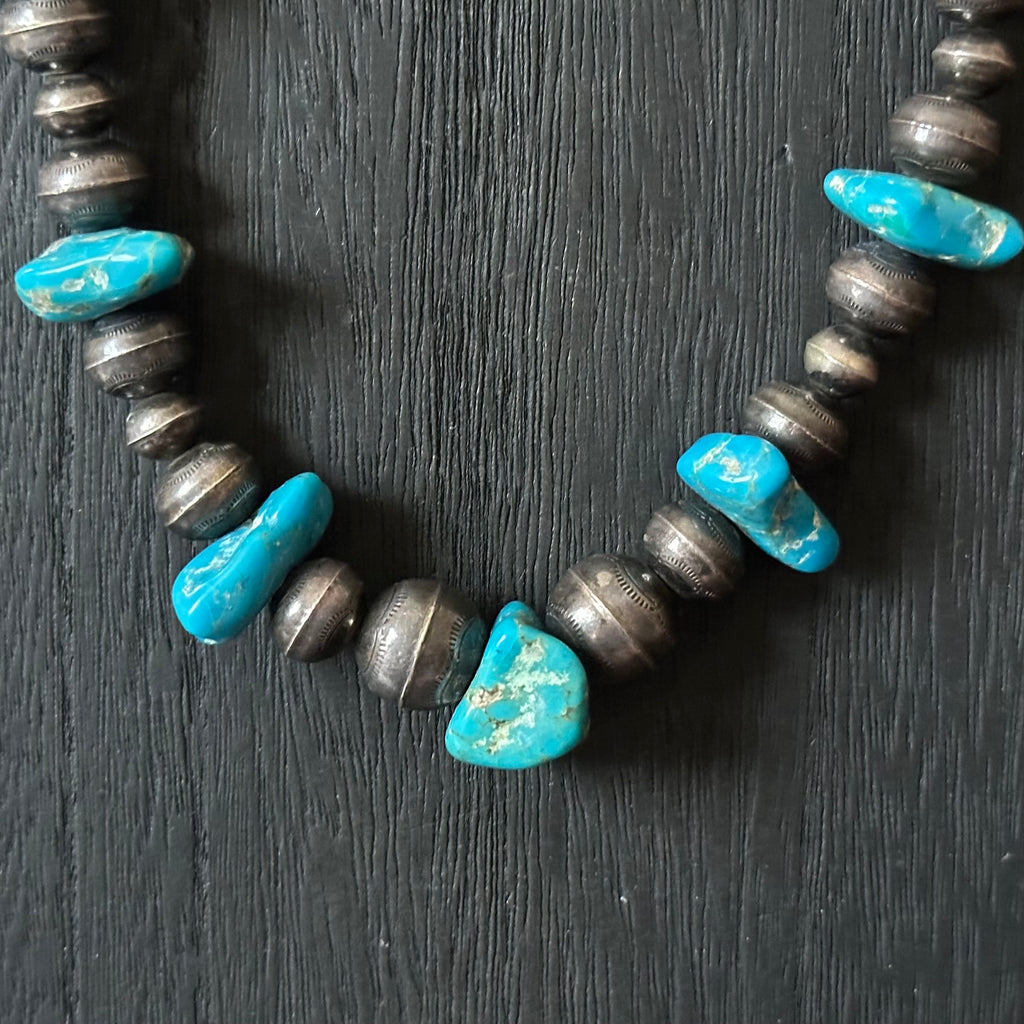 Vintage Turquoise 13 Nugget Sterling Torpedo Bench Bead Necklace