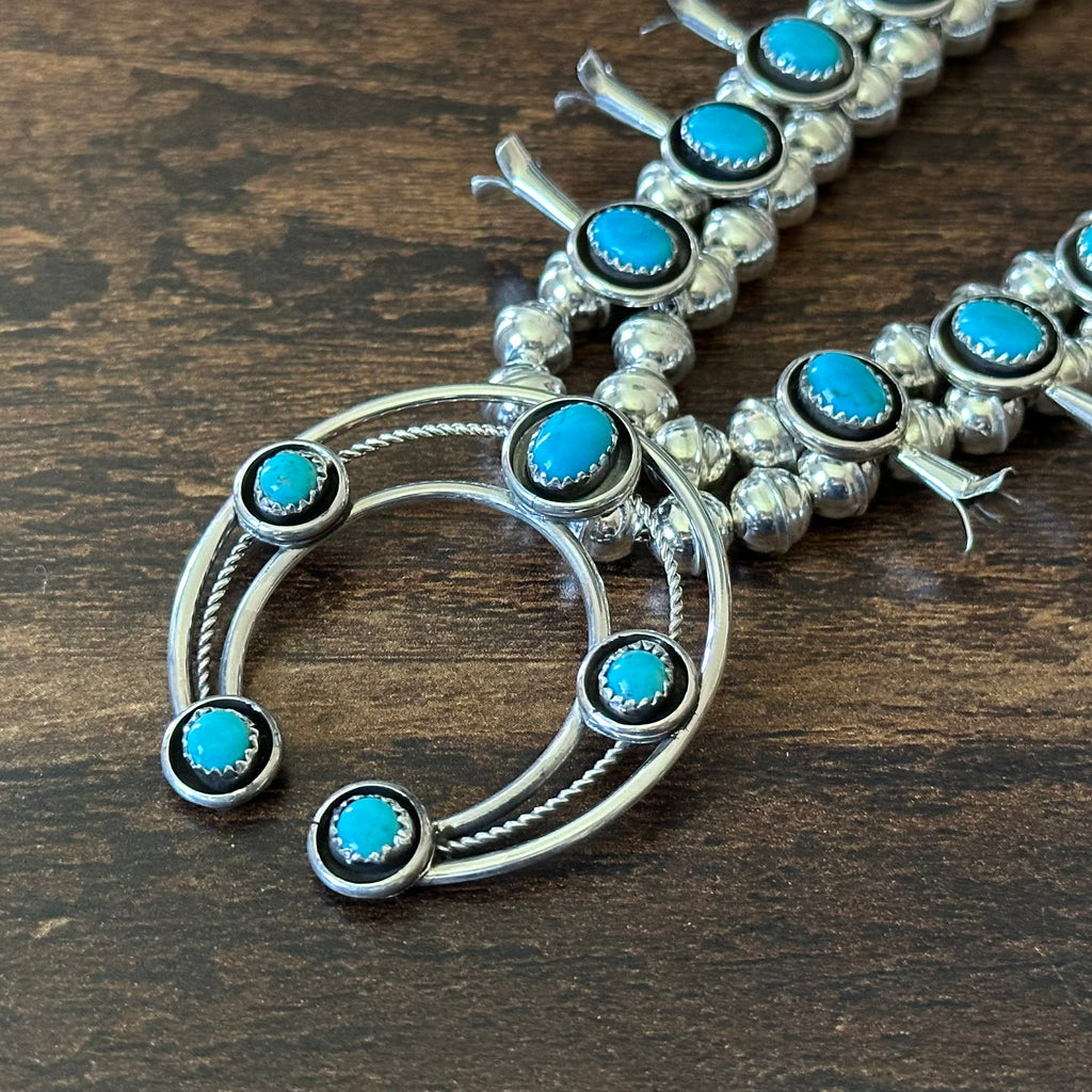 Navajo Phil & Lenora Garcia Sleeping Beauty Turquoise 19 Stone Sterling Squash Blossom Earrings Set