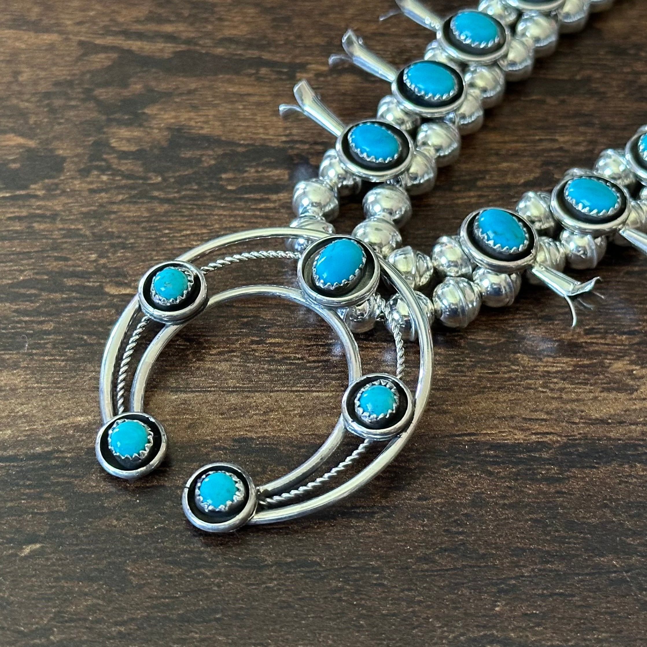 Navajo Phil & Lenora Garcia Sleeping Beauty Turquoise 19 Stone Sterling Squash Blossom Earrings Set