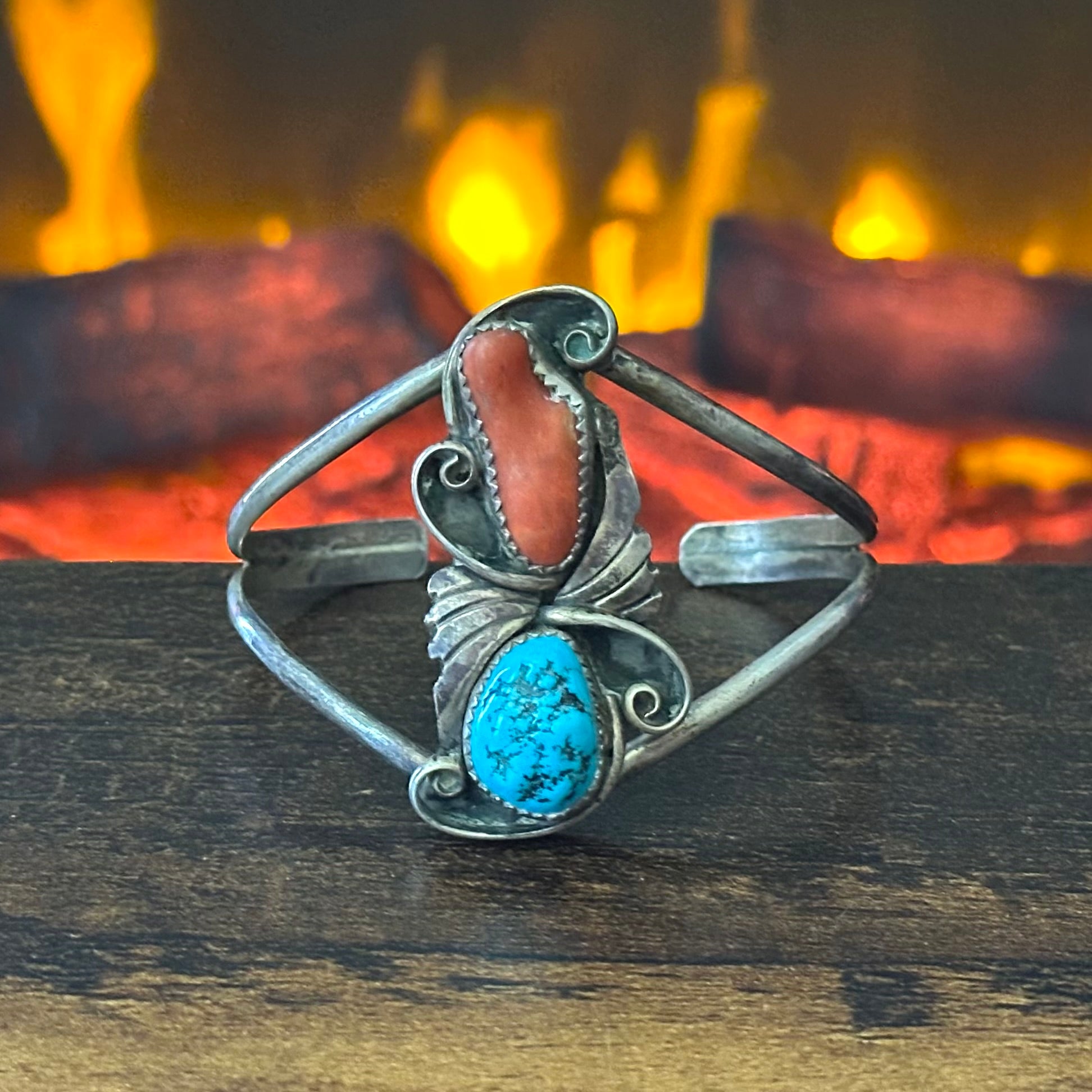 Vintage Turquoise Red Coral Sterling Statement Cuff
