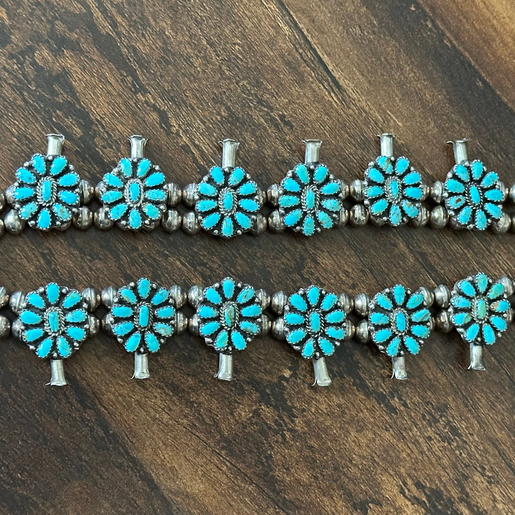 Navajo Larry Moses Begay Vintage Turquoise 166 Stone Sterling Cluster Squash Blossom Necklace Earrings Set