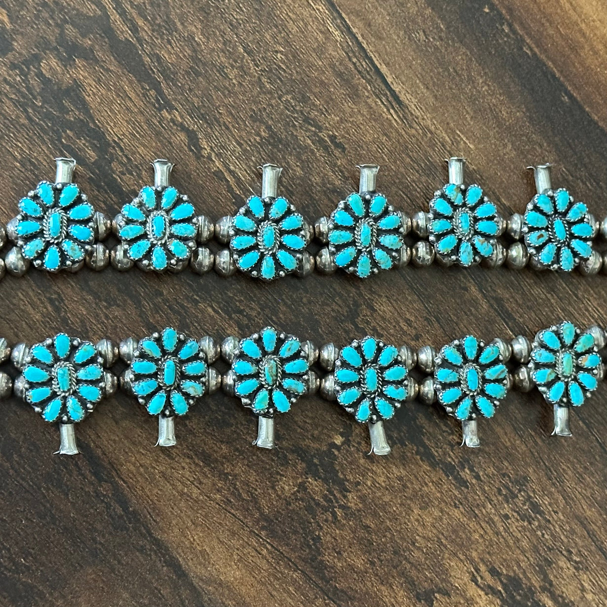 Navajo Larry Moses Begay Vintage Turquoise 166 Stone Sterling Cluster Squash Blossom Necklace Earrings Set