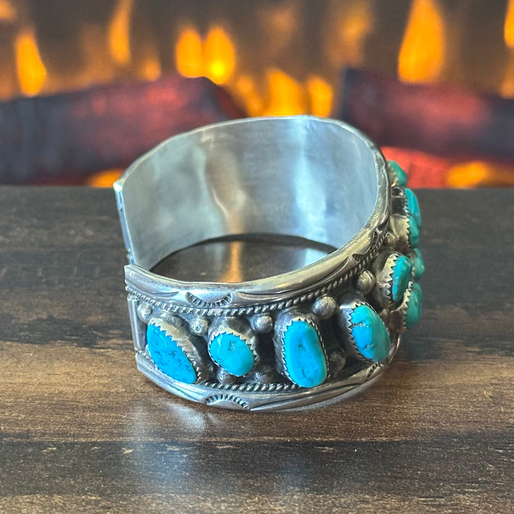 T Kinc Signed Chunky Turquoise 15 Stone Sterling Twist Wire Raindrop Statement Cuff