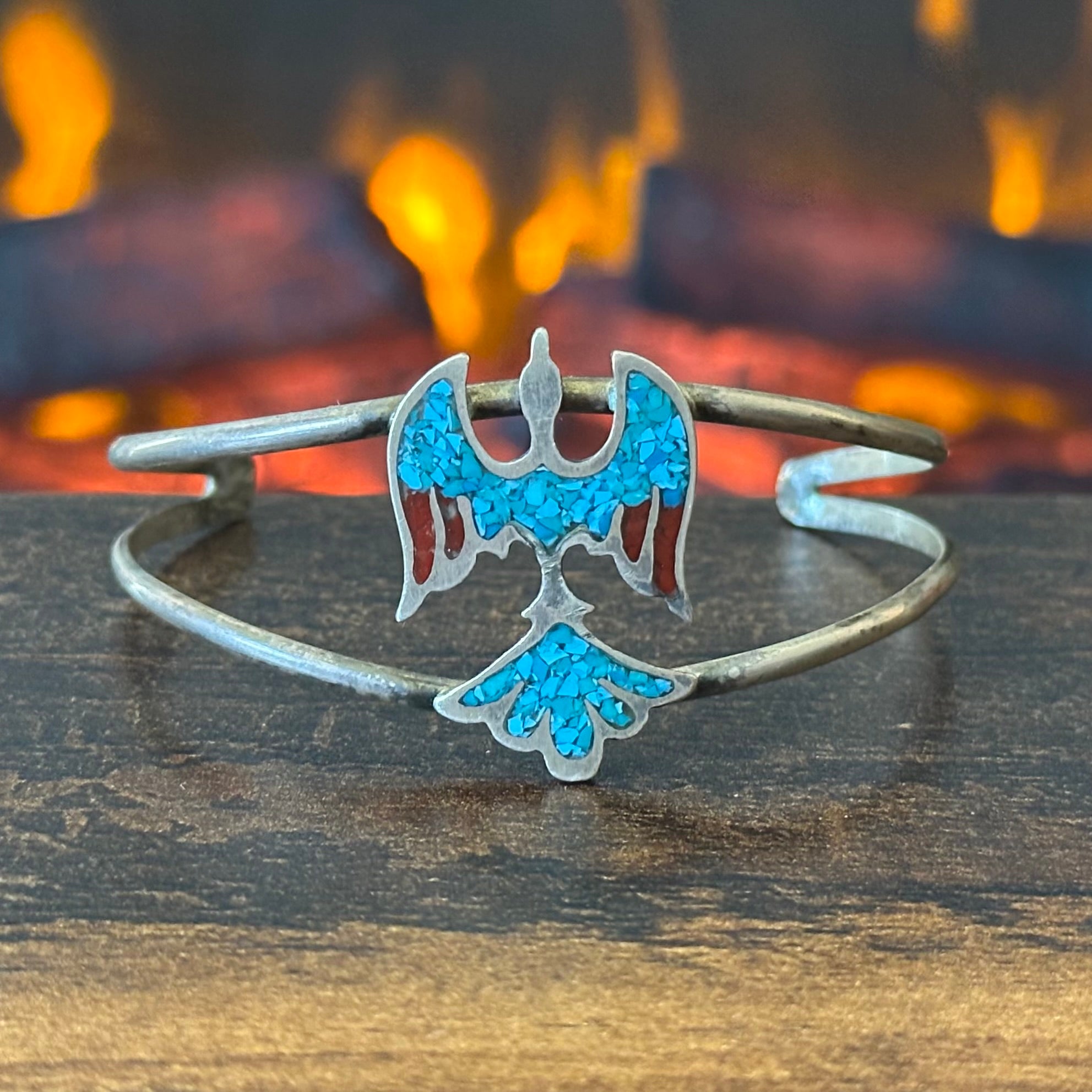 Vintage Turquoise Red Coral Sterling Peyote Bird Chip Inlay Cuff