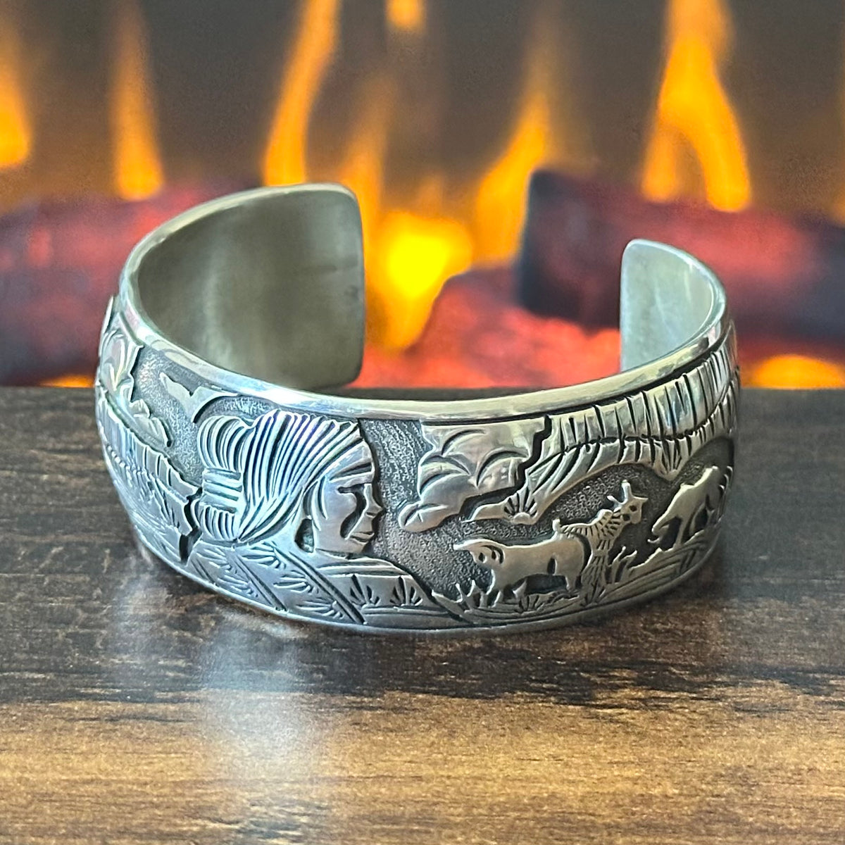 JJ Signed Sterling Overlay Goat Storyteller Cuff