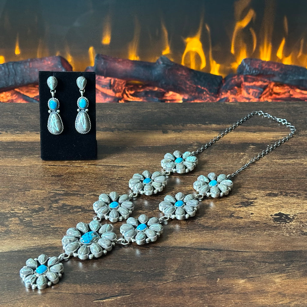 Navajo Pansy Johnson Carico Lake Ribbon & Persian Turquoise 74 Stone Sterling Cluster Statement Necklace Earrings Set