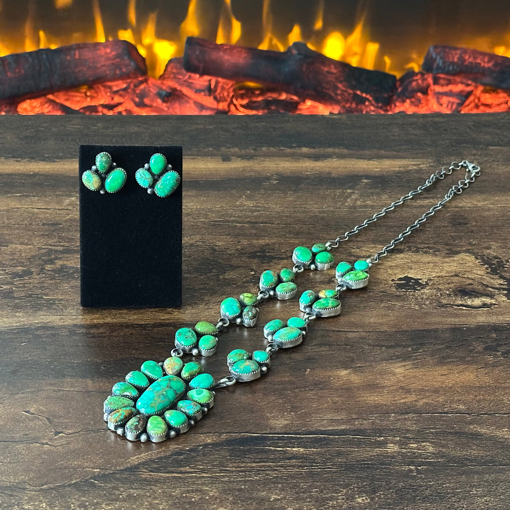 Navajo Anna Spencer Sonoran Gold Turquoise 38 Stone Sterling Cluster Statement Necklace Earrings Set