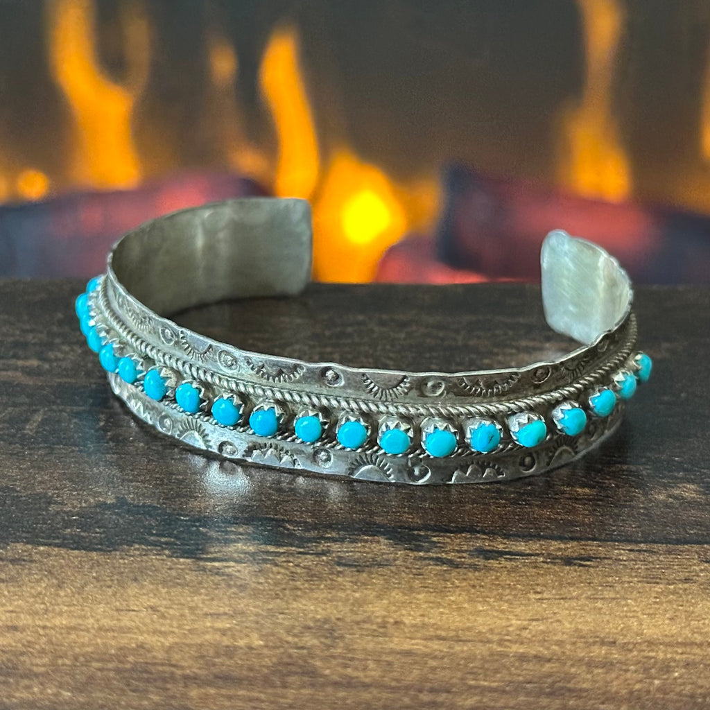 Zuni Jason & Pearl Ukestine Turquoise 21 Stone Sterling Hand Stamped Snake Eye Stacker Cuff