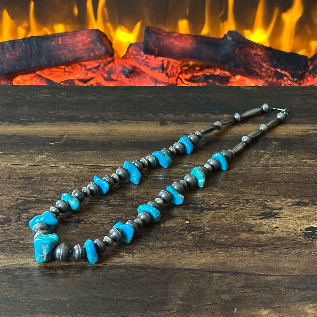 Vintage Turquoise 13 Nugget Sterling Torpedo Bench Bead Necklace