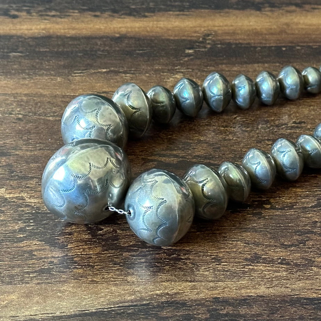 Handmade Graduated Stamped Sterling Pearl Necklace