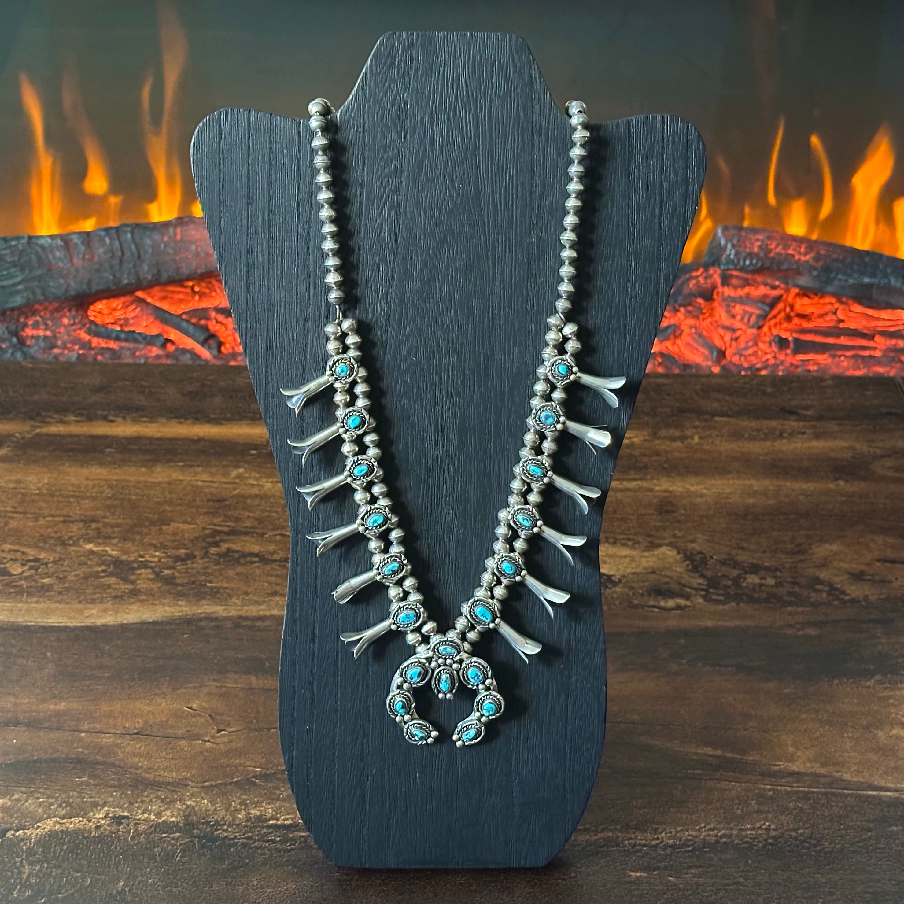 Turquoise 20 Stone Sterling Handmade Bead Twist Wire Bezel Squash Blossom