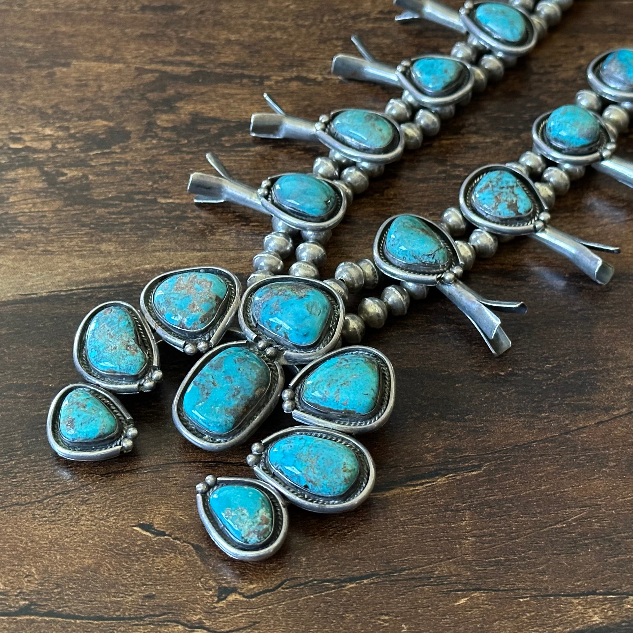 1970-80s Turquoise 20 Stone Sterling Handmade Bead Twist Wire Bezel Squash Blossom