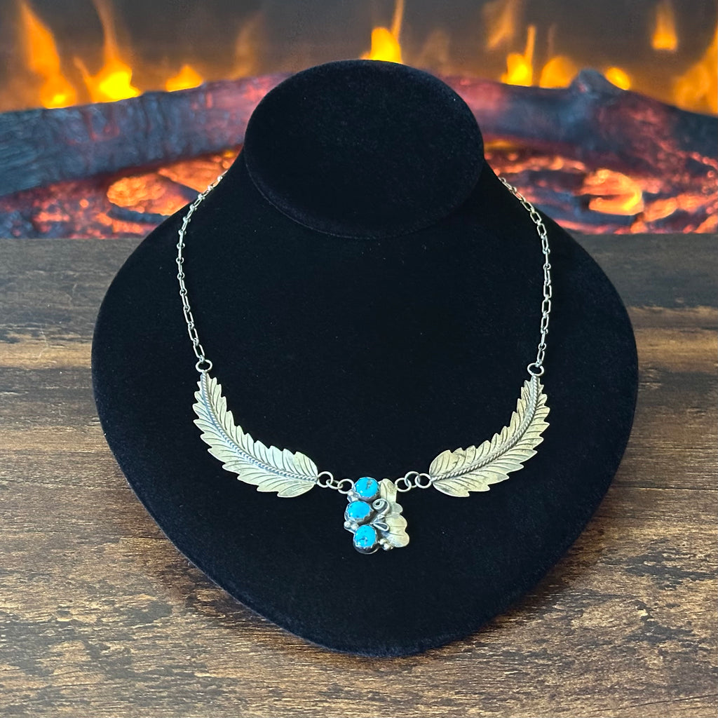 Turquoise 3 Stone Sterling Twist Wire Feather Necklace