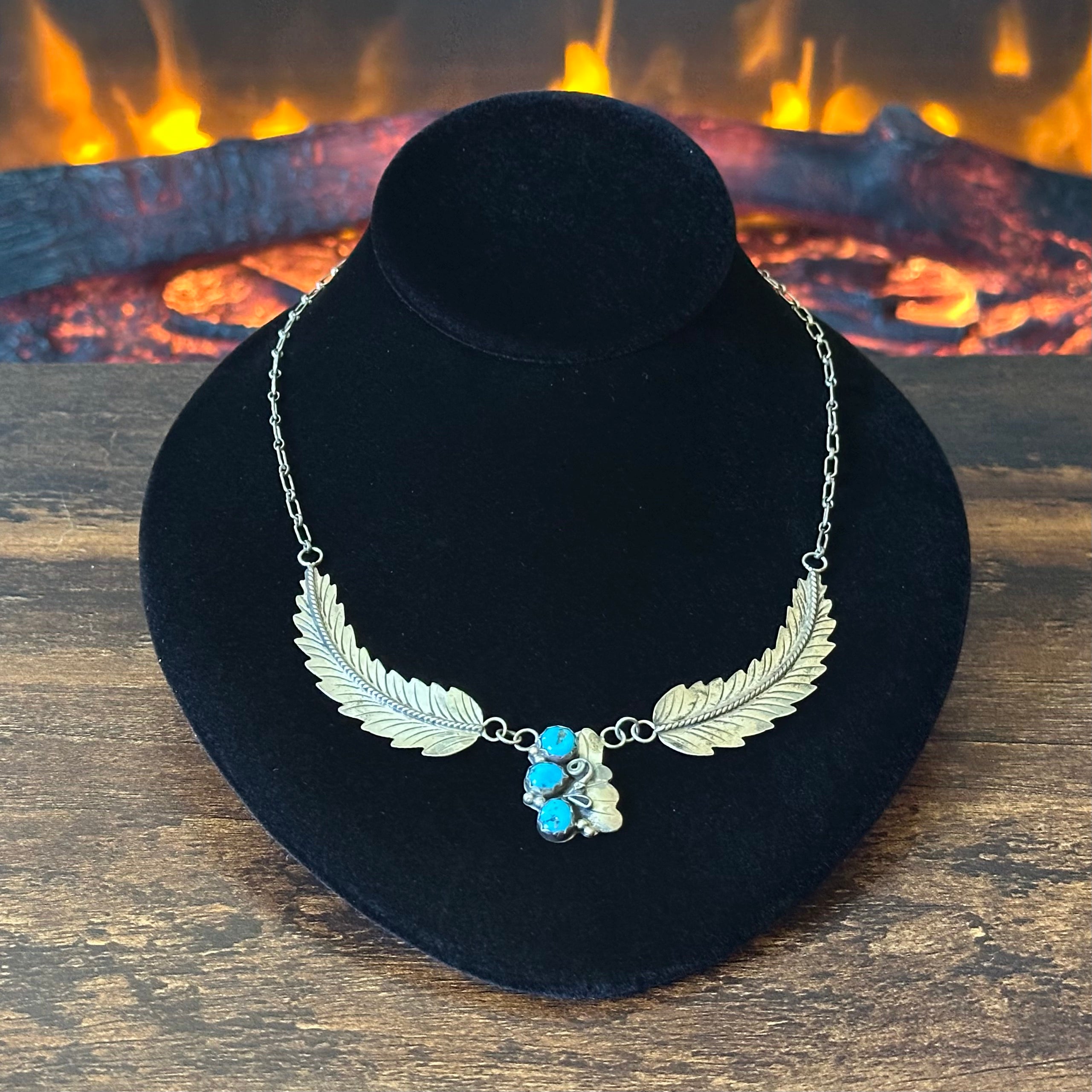 Turquoise 3 Stone Sterling Twist Wire Feather Necklace