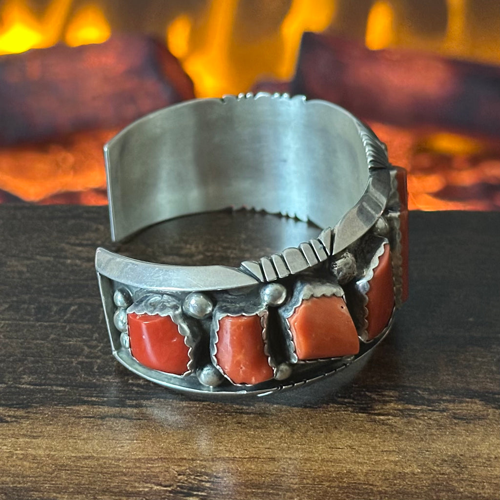 Navajo JW Toadlena Red Coral 11 Stone Sterling Raindrop Statement Cuff