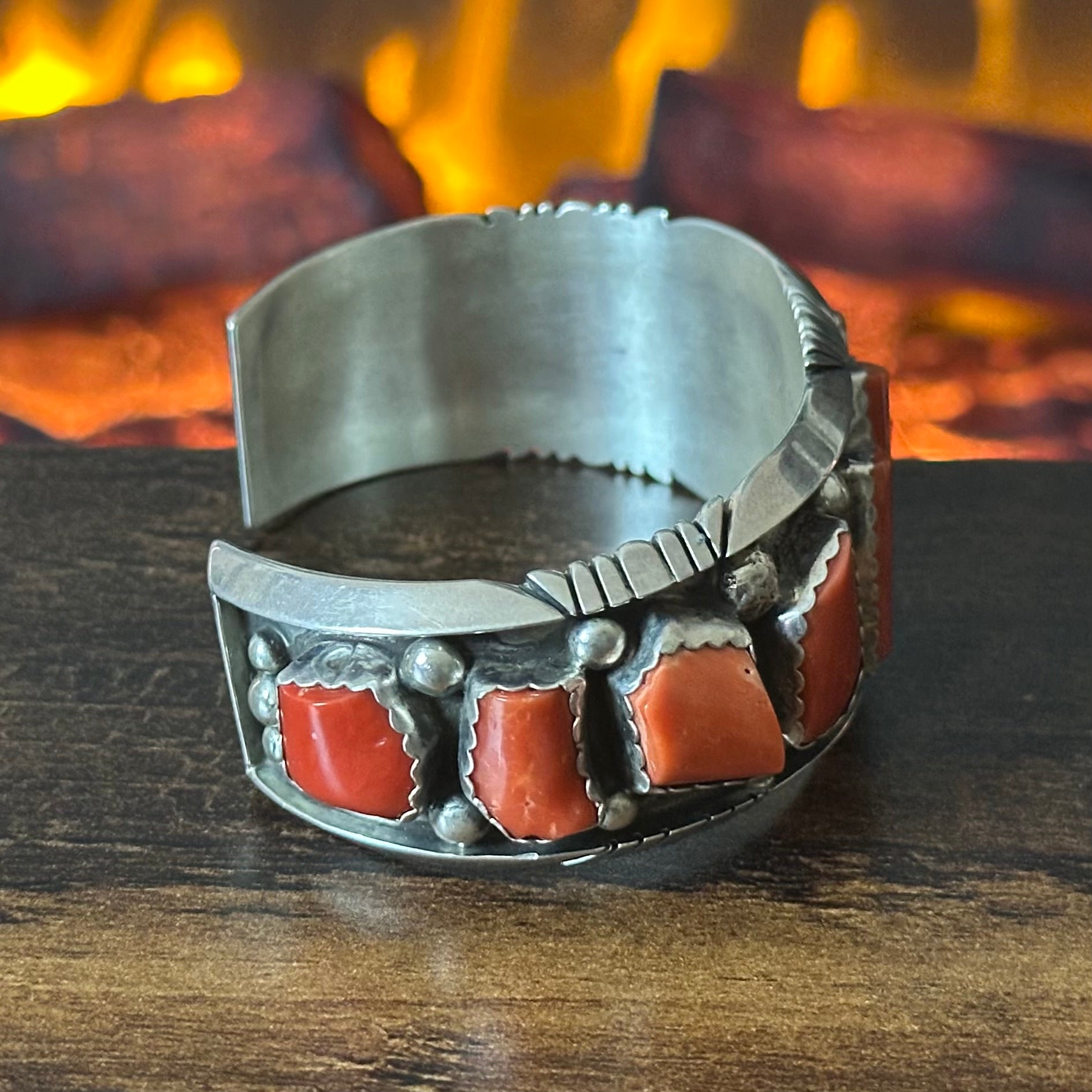 Navajo JW Toadlena Red Coral 11 Stone Sterling Raindrop Statement Cuff