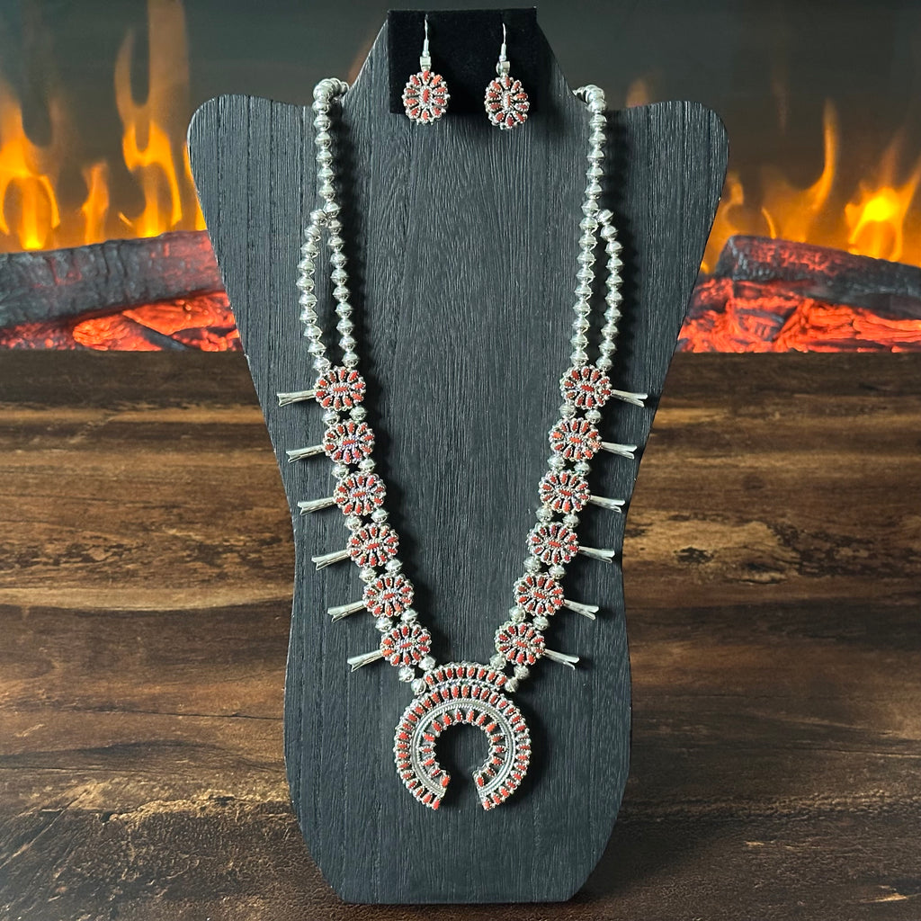 Navajo Elton James Reversible Turquoise Red Coral 376 Stone Sterling Petite Point Cluster Squash Blossom Necklace Earrings Set