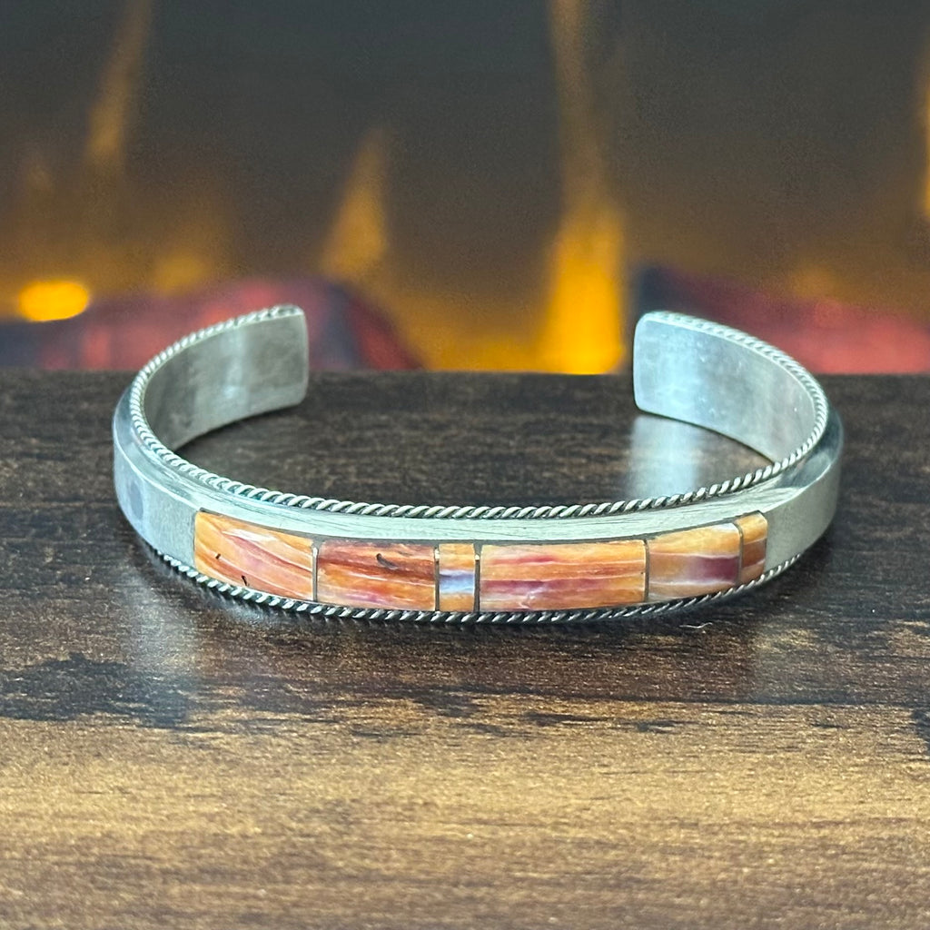 Navajo Francis Yazzie Orange Spiny Oyster Sterling Twist Wire Inlay Stacker Cuff