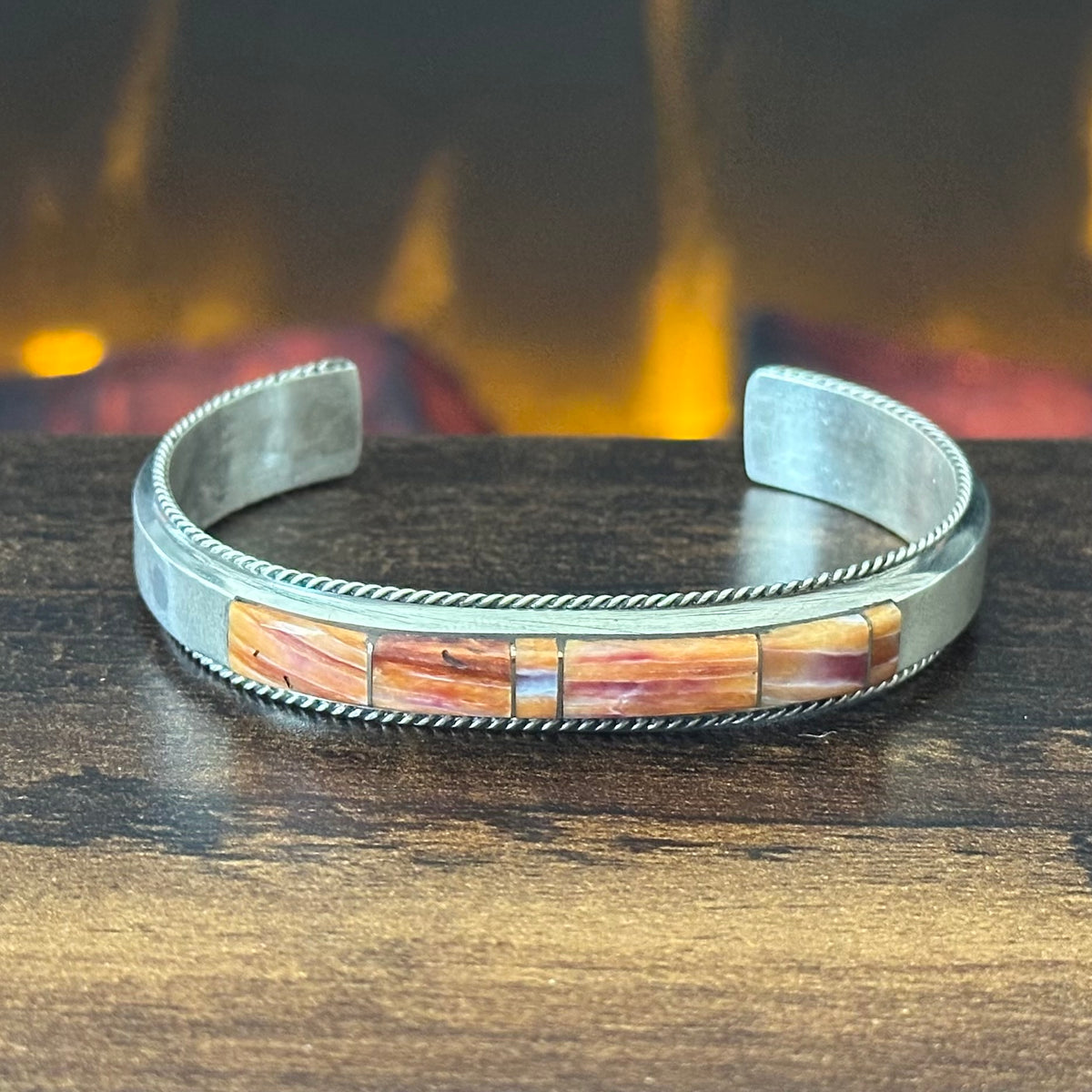Navajo Francis Yazzie Orange Spiny Oyster Sterling Twist Wire Inlay Stacker Cuff