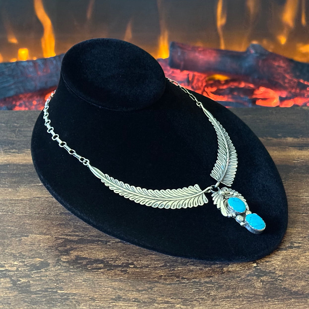 D Signed Turquoise Sterling Hand Stamped Twist Wire Feather Statement Necklace