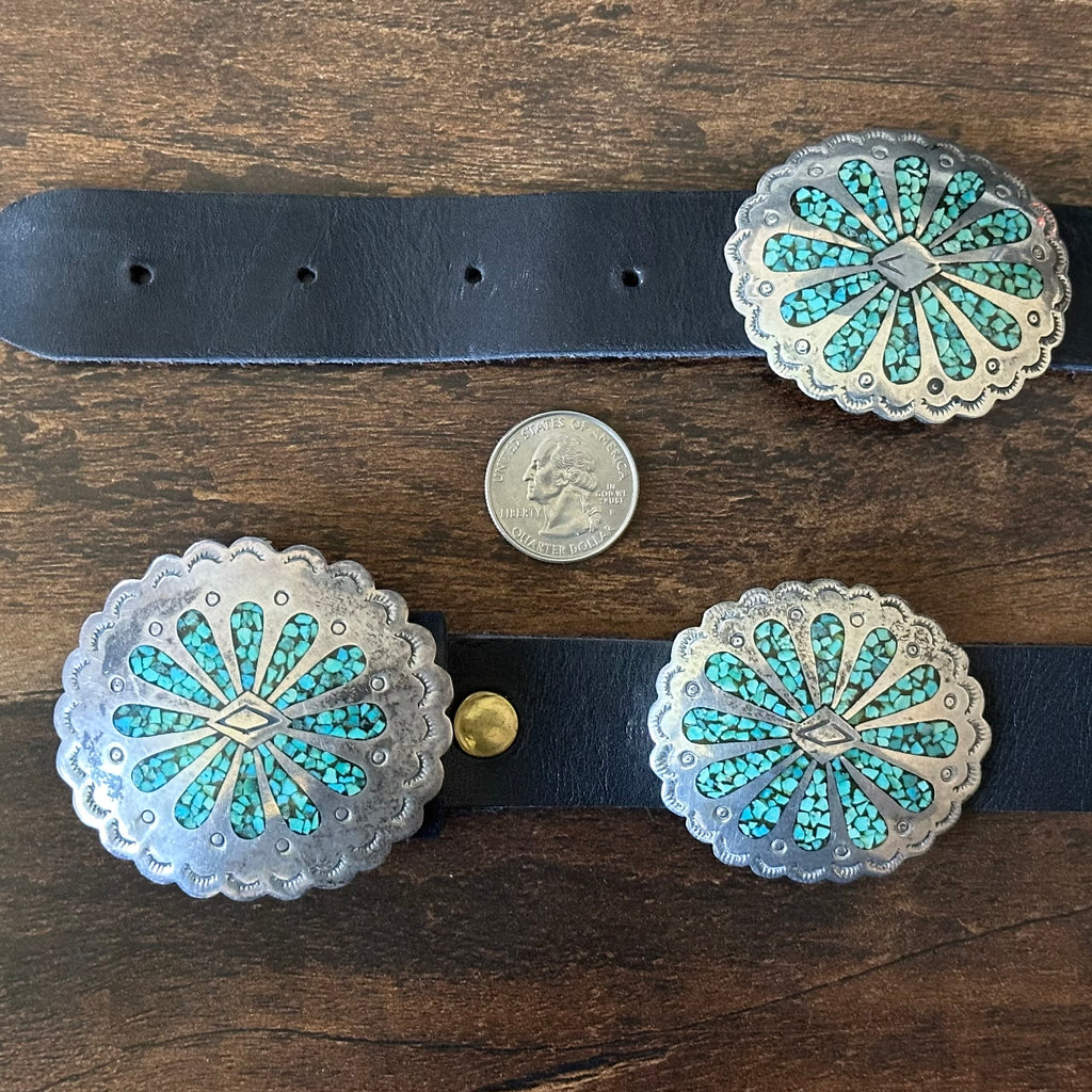 Crushed Turquoise 10 Concho Hand Stamped Floral Belt