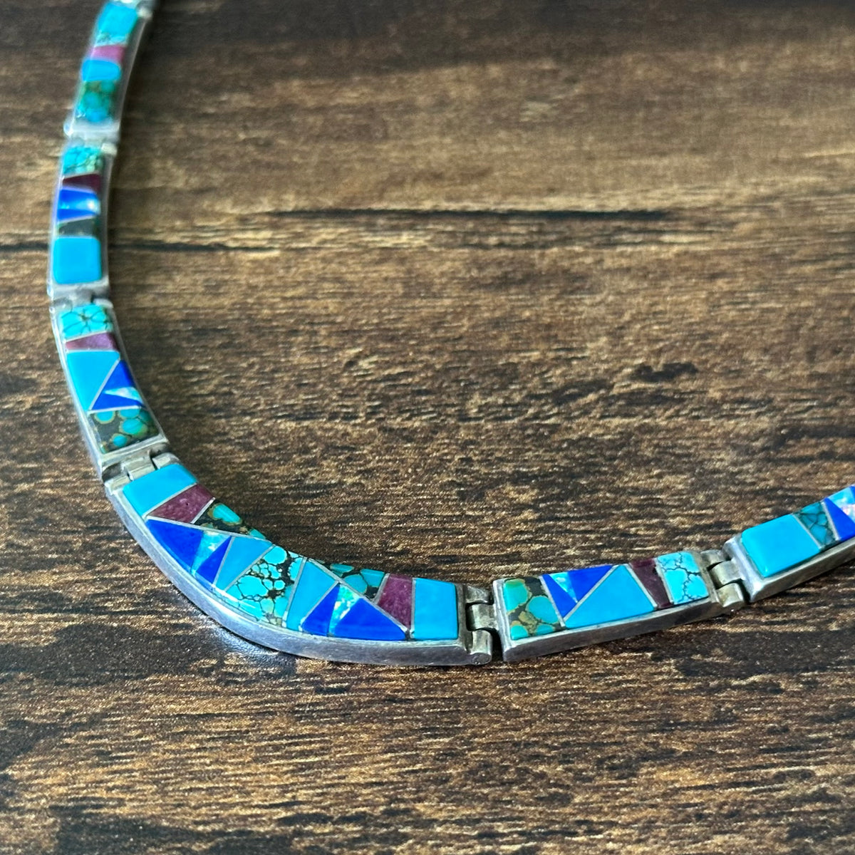 Touch of Santa Fe E David Signed Turquoise Lapis Purple Spiny Oyster Opal Sterling Hinged Inlay Necklace